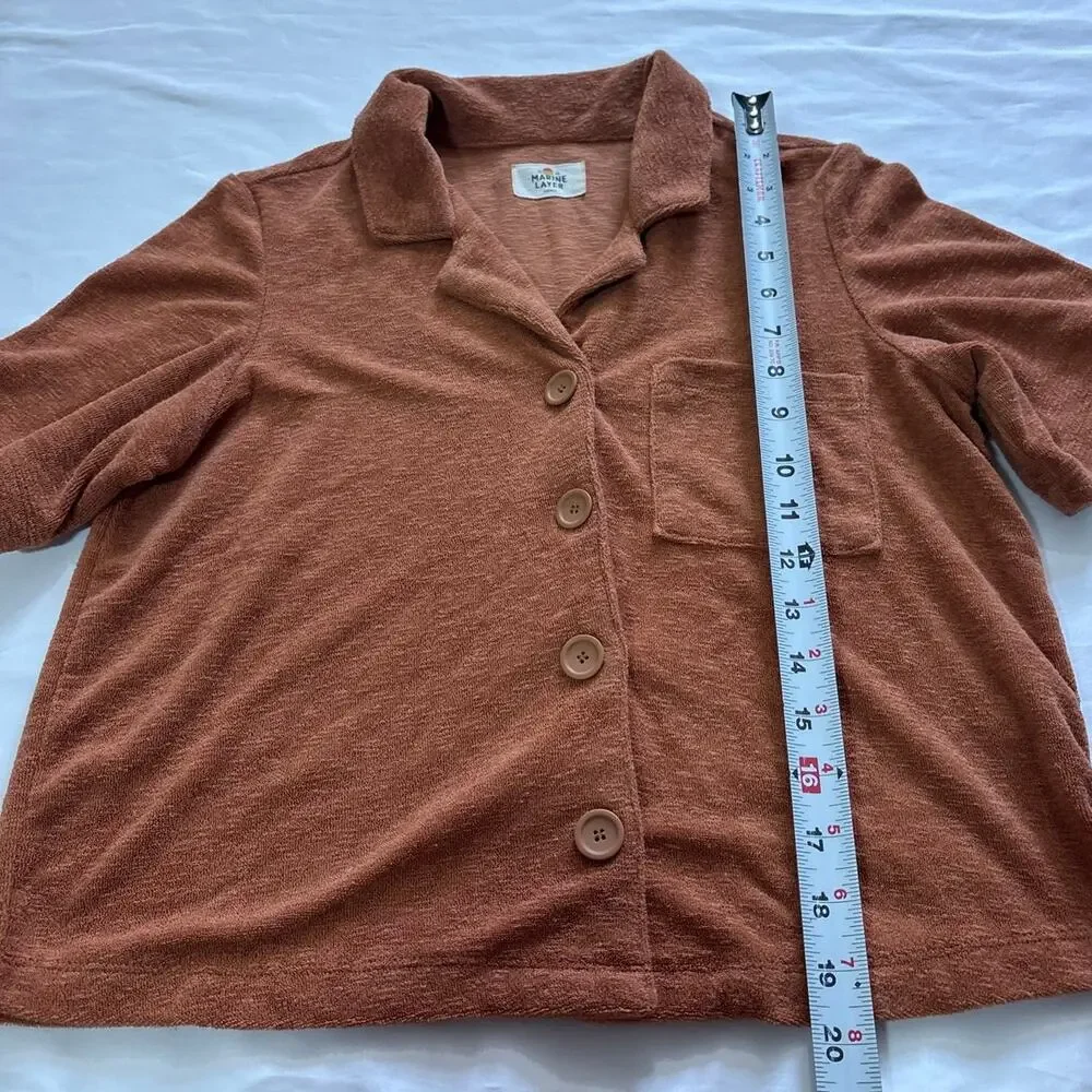 Marine Layer S/M Sierra Brown Terry Out Resort Short Sleeve Button Up Camp Shirt